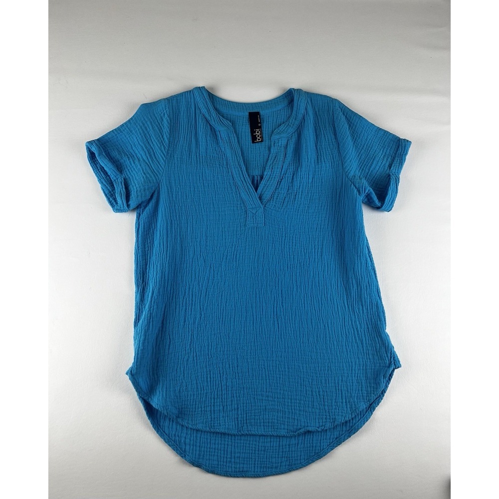 Bobi Los Angeles Blue Gauze Textured V-Neck Short Sleeve Top High Low Hem